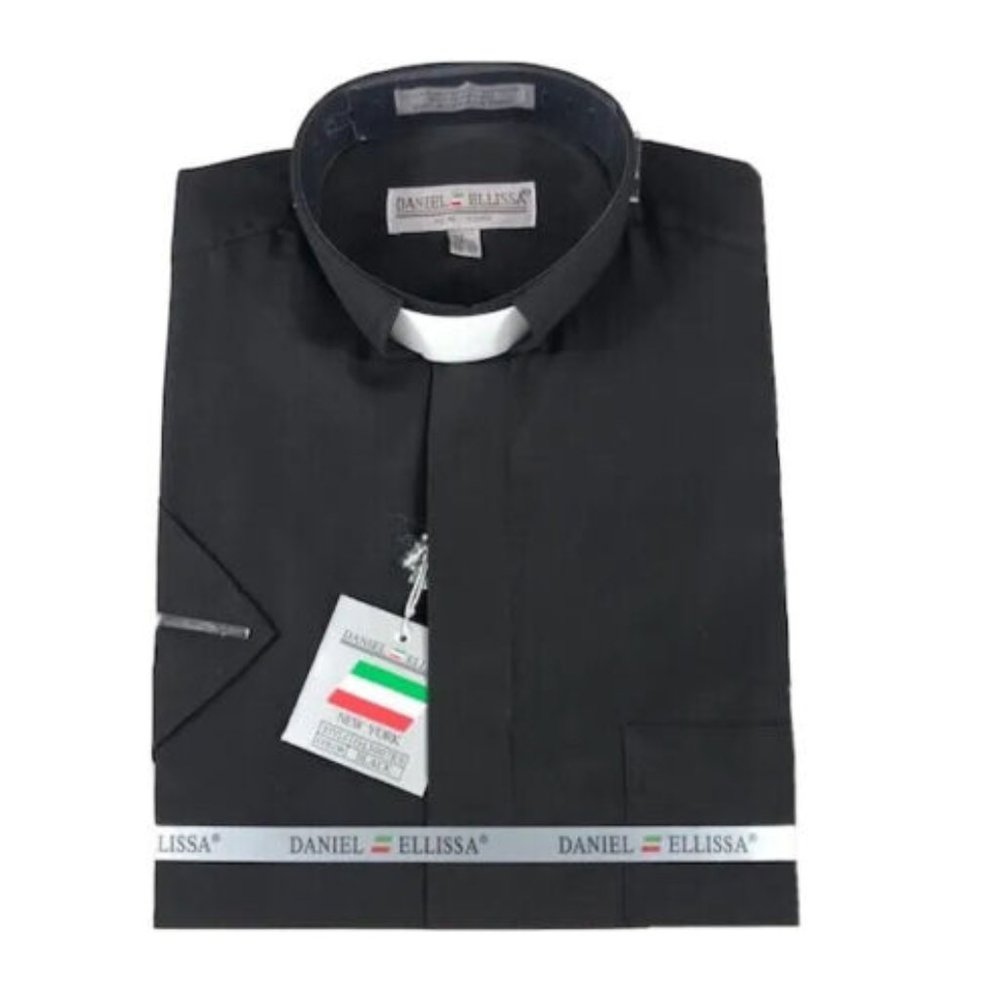 Daniel Ellissa Men's Black Clergy Shirt Banded Collar White Tab Sizes 14.5-22.5